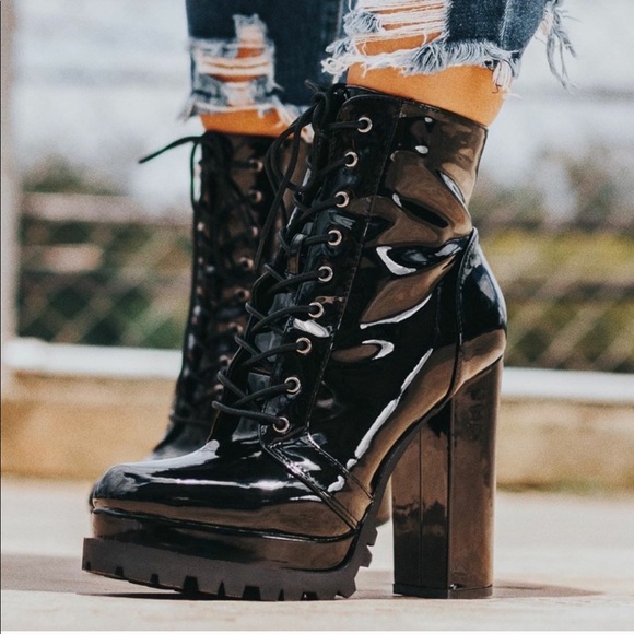 Patent Lug Sole Lace Up Combat Platform Boots - Picture 5 of 16